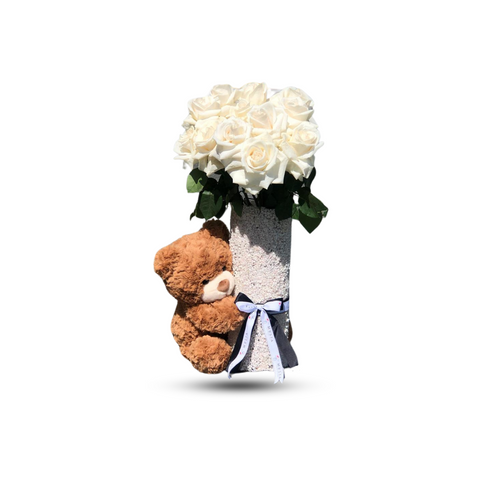 White Big Rose With Teddy Bear