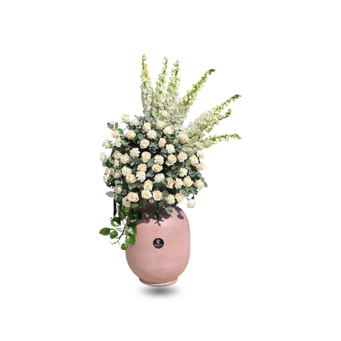 White Big Roses with Delphinium
