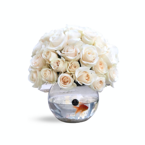 White Roses with Golden Fish